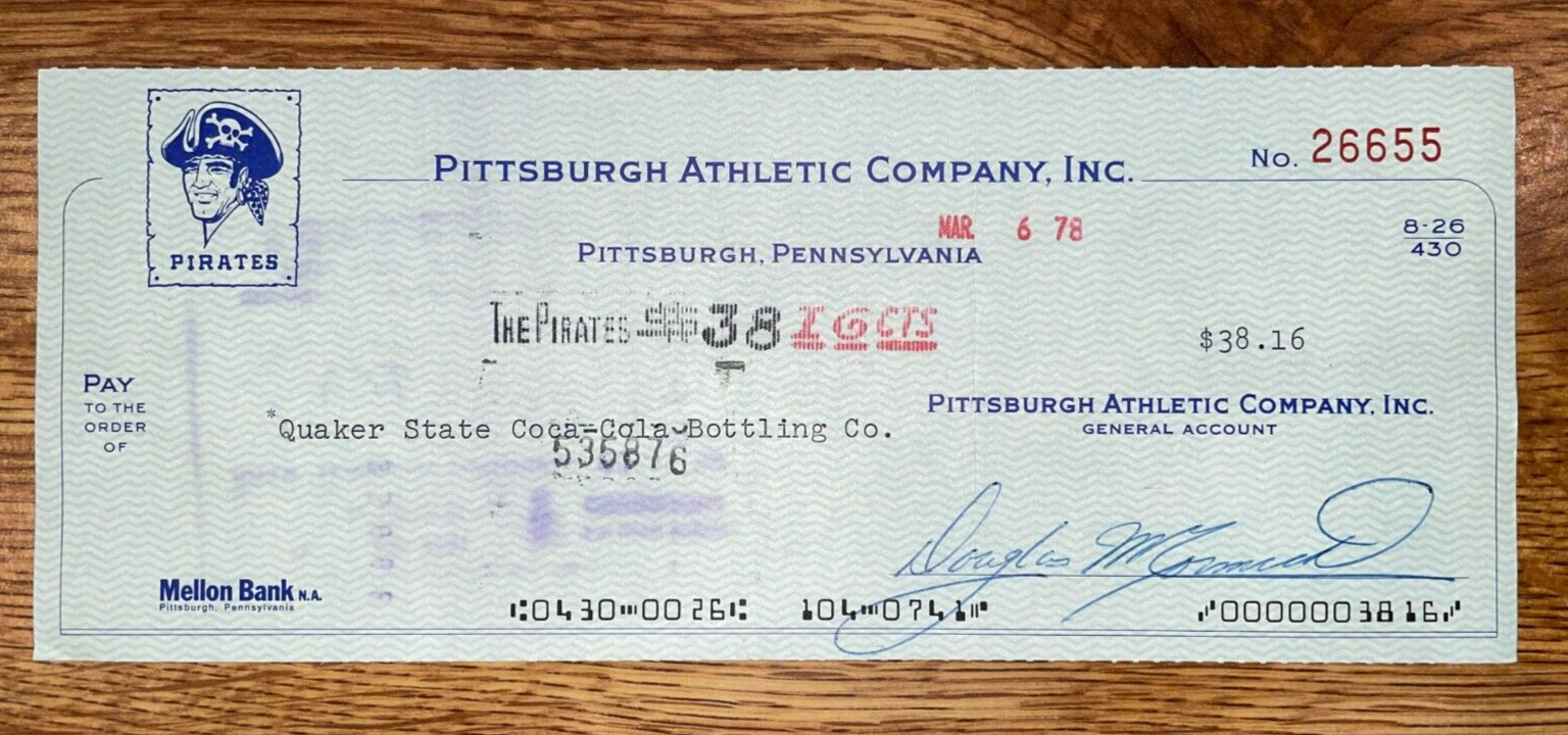 1978 Pittsburgh Pirates: Expense Check: Quaker State Coca-Cola