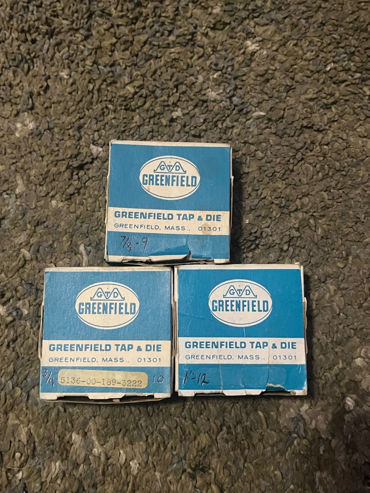Greenfield Die Set 1"-12 NF, 7/8"-9 NC, 3/4"-10 NC, 2-1/2" o.d. NOS slight rust
