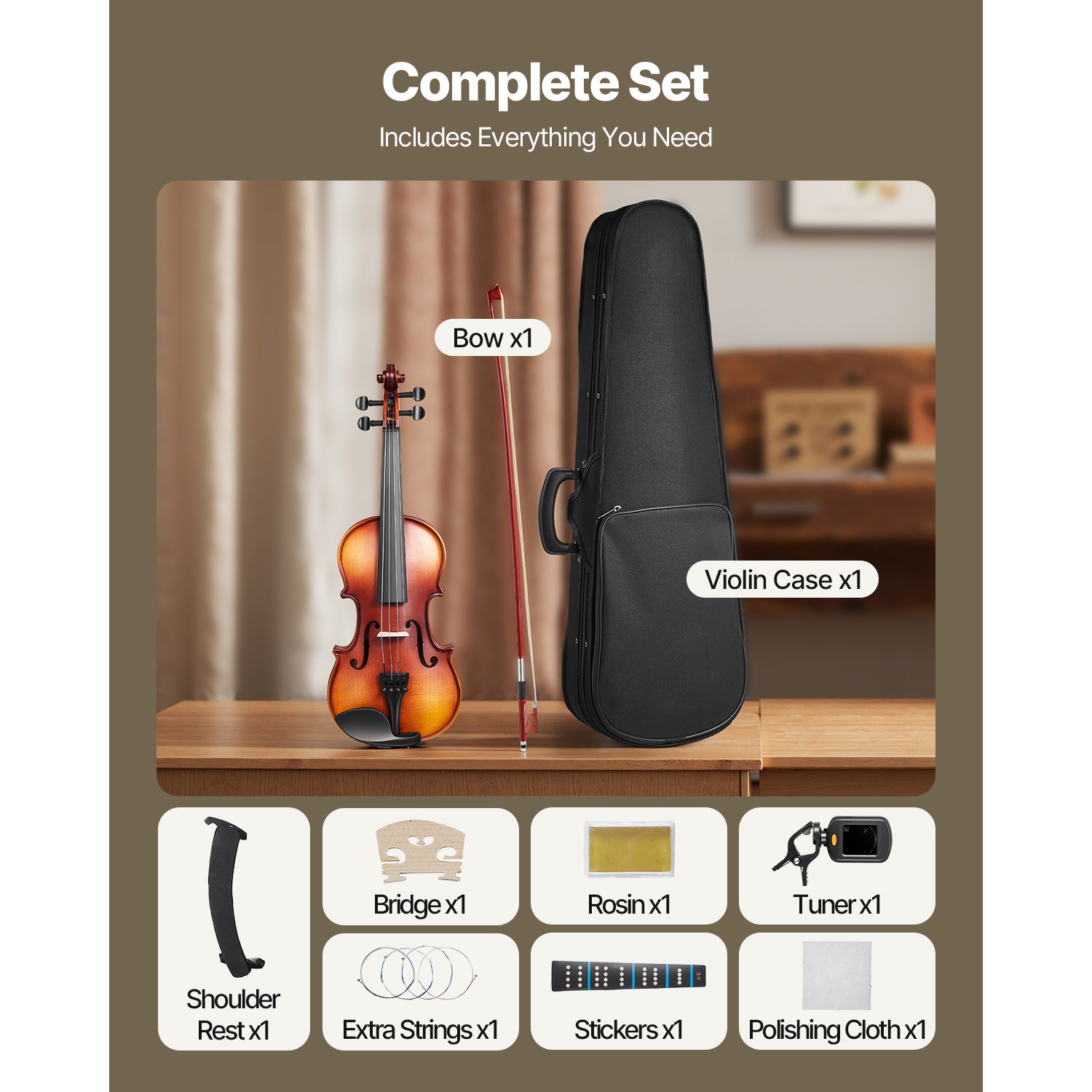 Violin 1/4 Size Fiddle Set Solidwood for Beginners with Case Rosin Brown