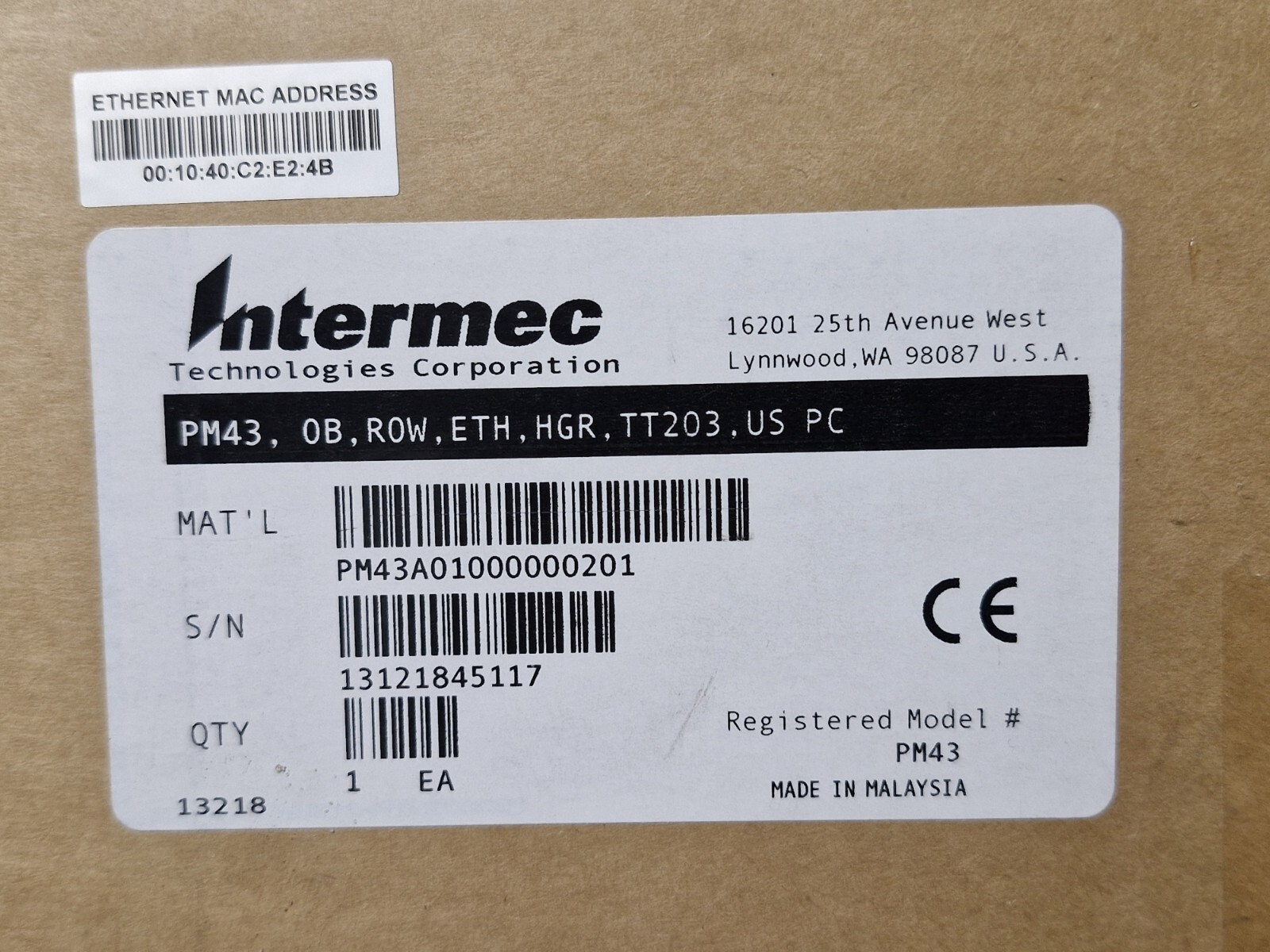 Intermec / Honeywell PM43 Barcode Label Printer OB, ROW, ETH, HGR, TT203, US PC