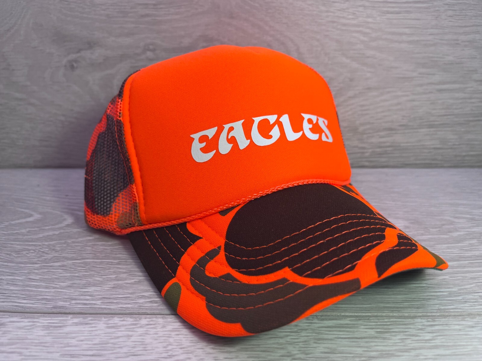 NEW PHILADELPHIA EAGLES ORANGE CAMO HAT 5 PANEL HIGH CROWN TRUCKER SNAPBACK
