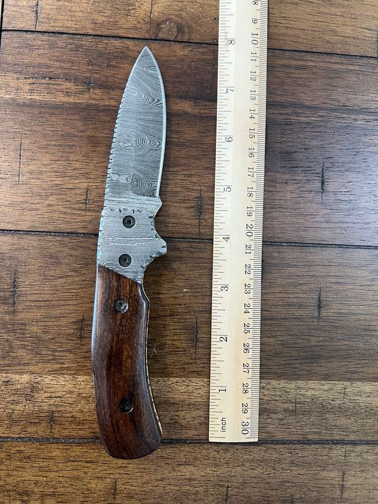 CUSTOM HANDMADE DAMASCUS WOOD HANDLE FOLDING KNIFE W/ PREMIUM SHEATH 29