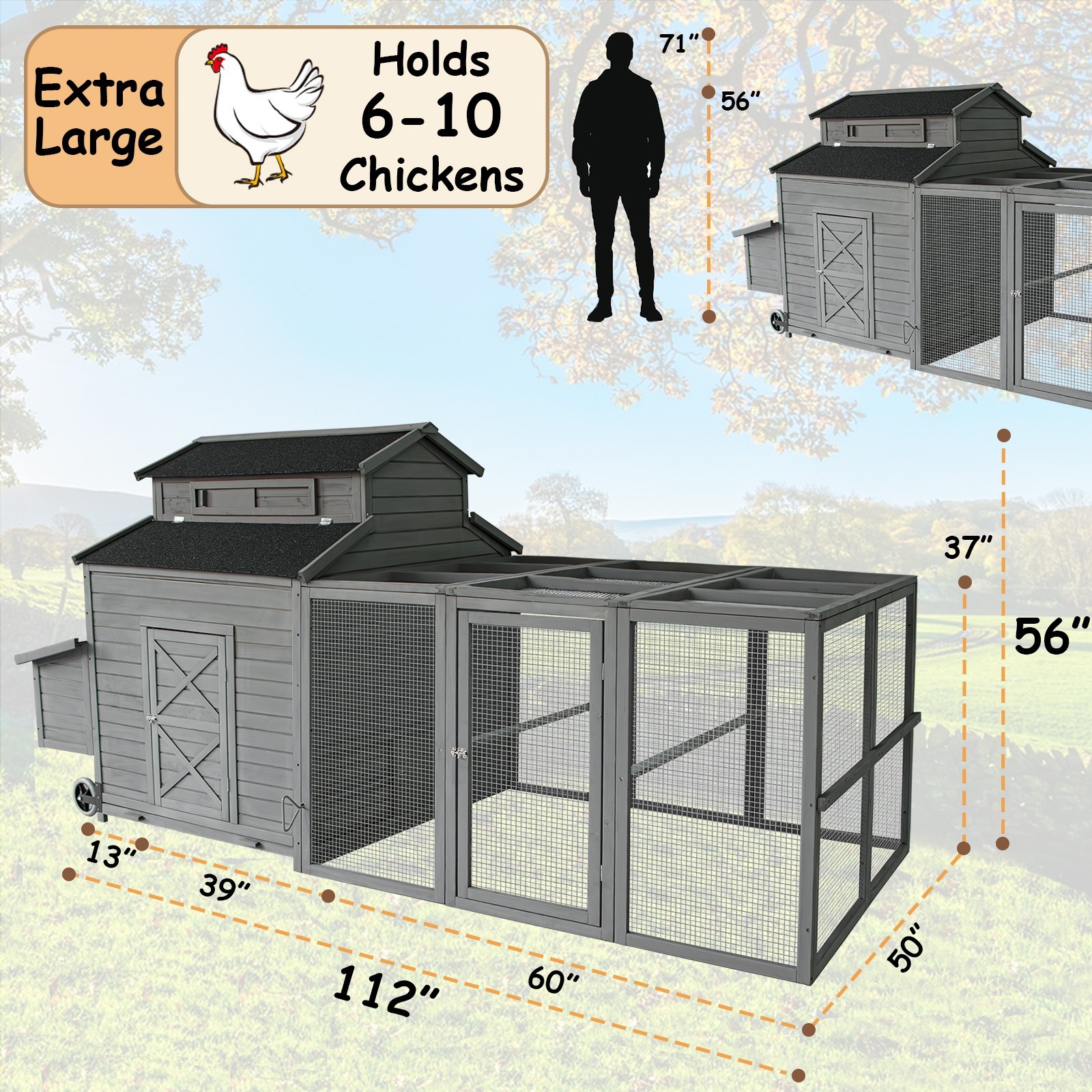 Chicken Coop Mobile Hen Coop Large Poultry Cage with Wheels Outdoor