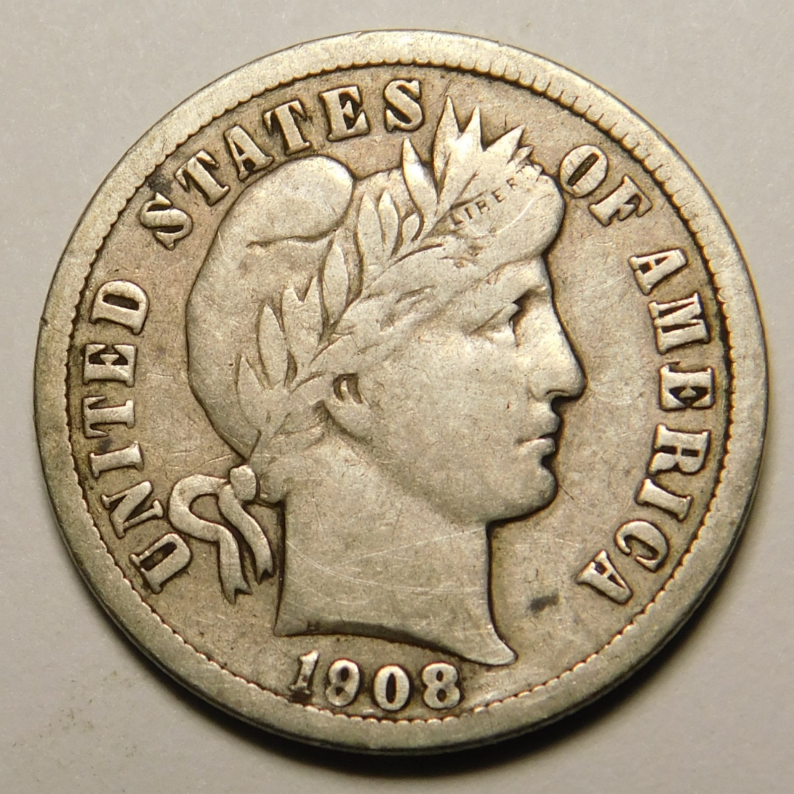 1908 D Barber Dime 90% Silver F-VF  "Actual Coin Pictured - Not Cleaned"
