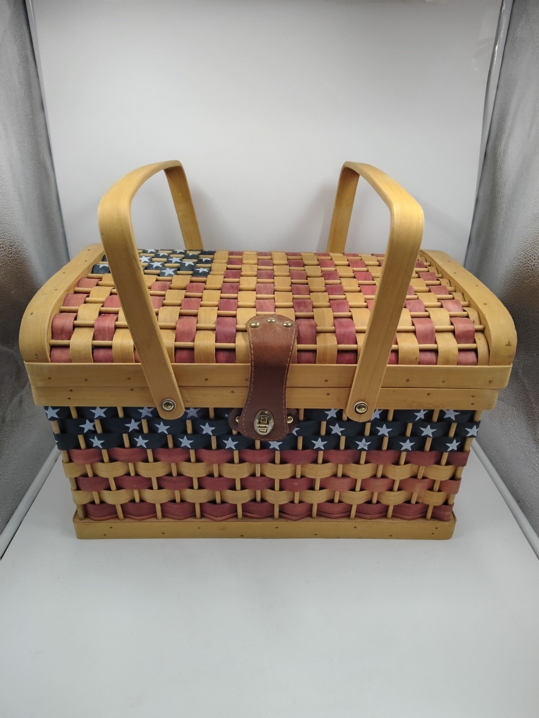 Americana Woven Picnic Basket Patriotic American Flag Stars 4th July 18x12x11"