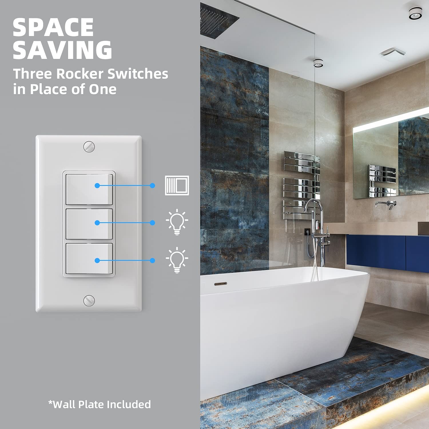 ELEGRP Decorator Triple Rocker Light Switch, Three Single Pole Electrical Pad...