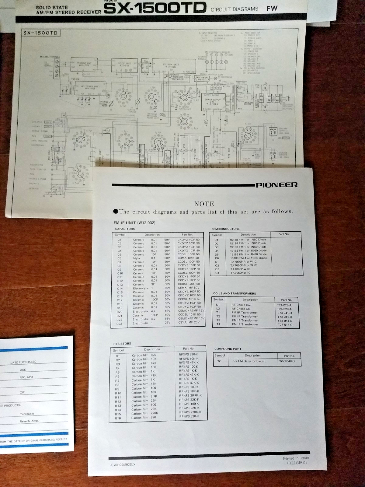 Manual Fold Out & Schematic= Pioneer Solid State AM/FM Stereo Receiver SX-1500TD