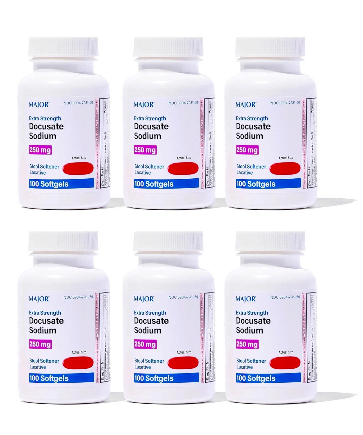 Major Docusate Sodium 250 mg Stool Softener – Gentle Relief, 600 ct (6 Bottles)