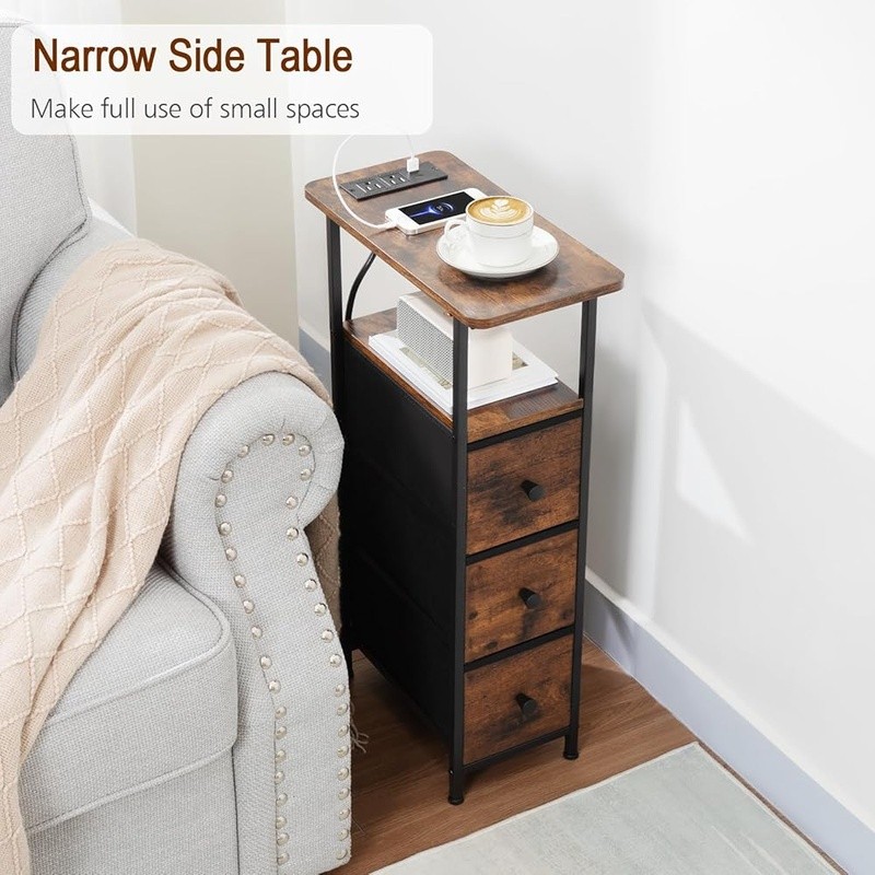 Slim End Table W/ Charging Station USB Ports Storage Drawers Small Spaces