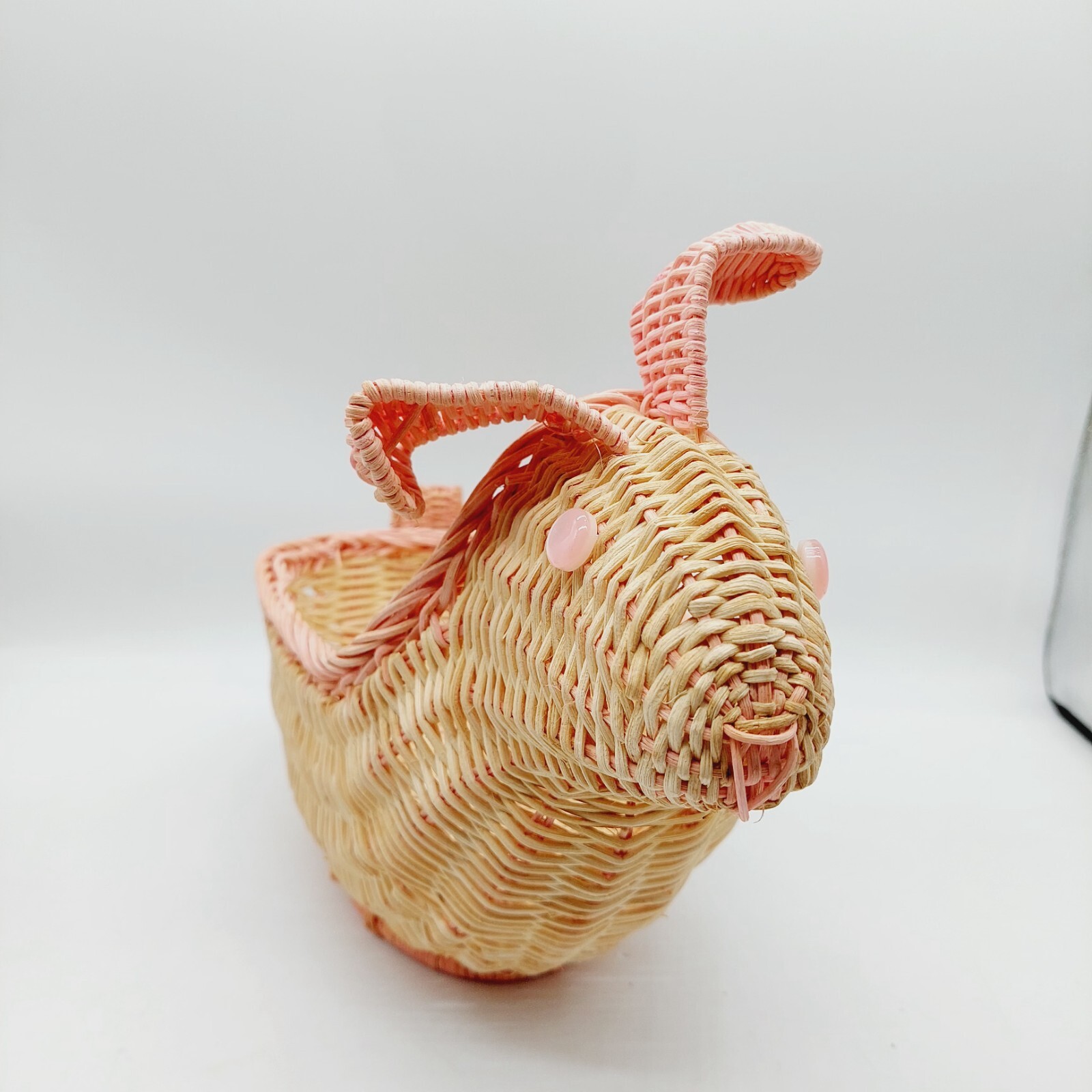 Bunny Rabbit Basket Woven Wicker Easter Rattan Tan Brown Pink READ