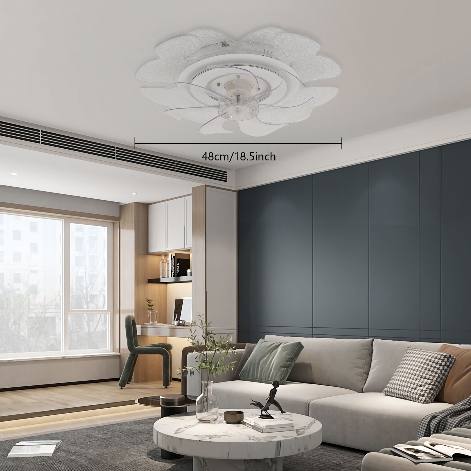 Indoor Flush Mount Ceiling Fan Light Quiet Pure Copper Motor APP Remote Control