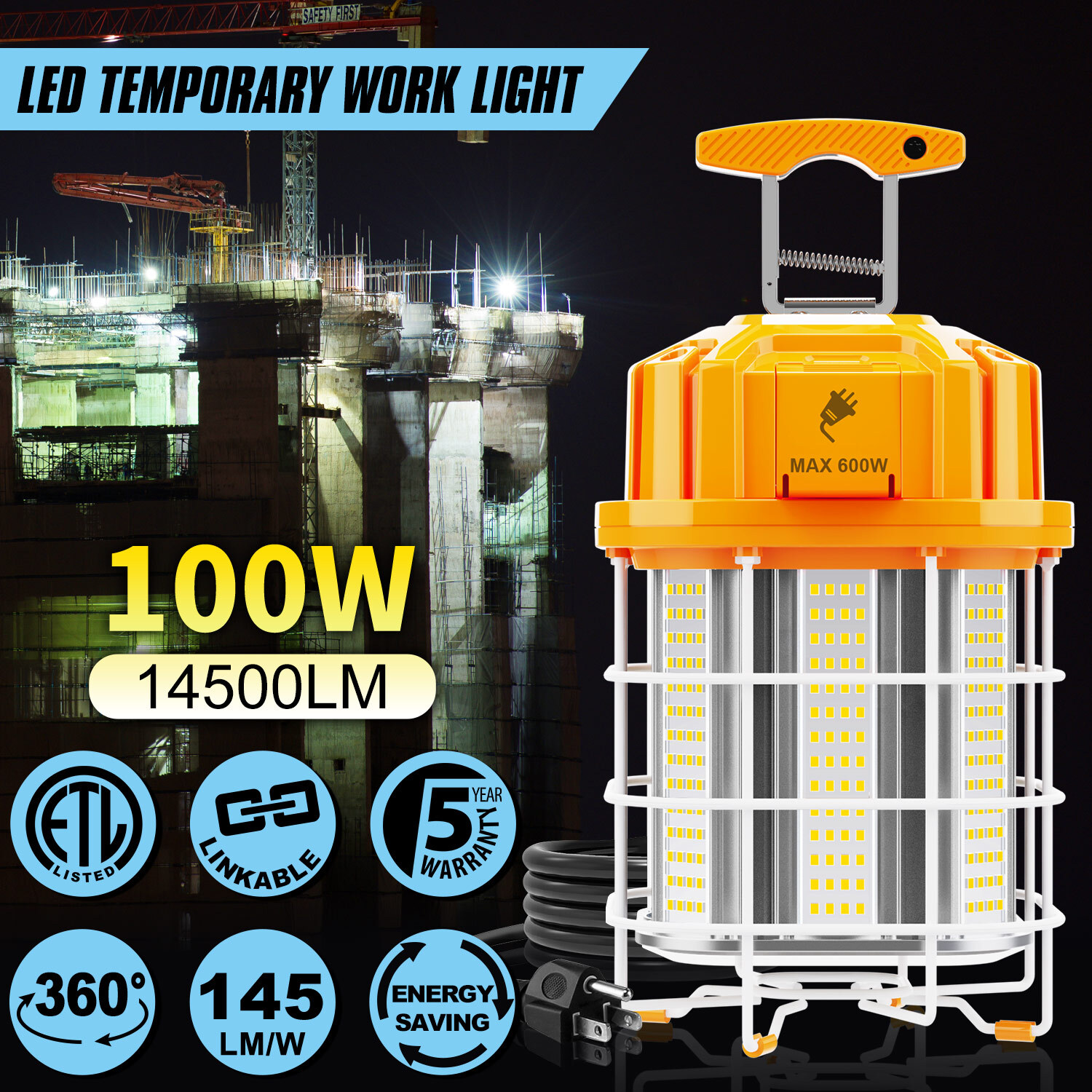 Linkable LED Temporary Work Light 100W Construction Jobsite Light 12,000LM 5000K