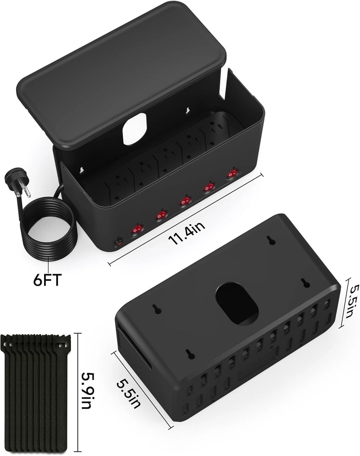Black Power Strip Box: 10 AC + 3 USB Surge Protector, Cable Management, PD 20...
