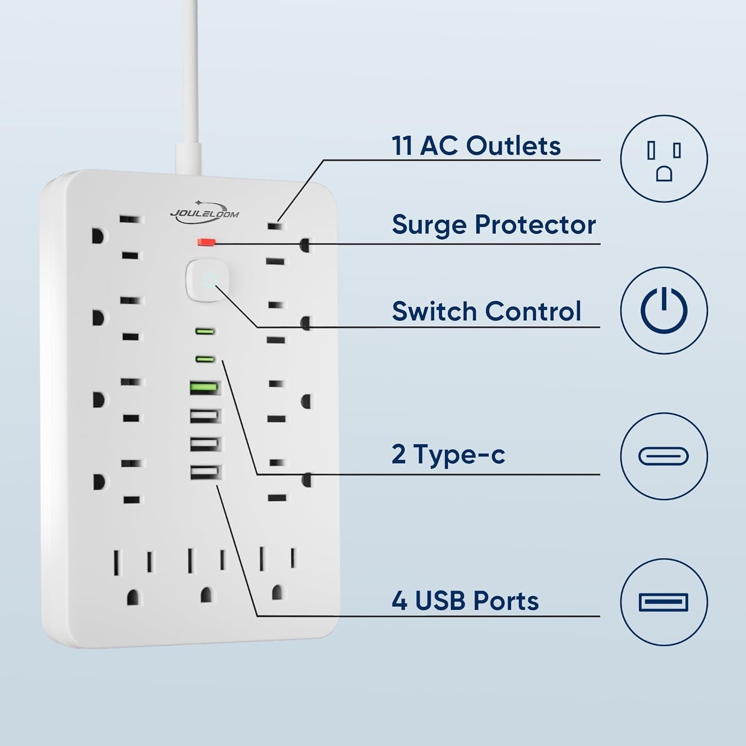 Regleta 10ft protector sobretension 11 enchufes 6 USB Carga rapida 1250W 10A