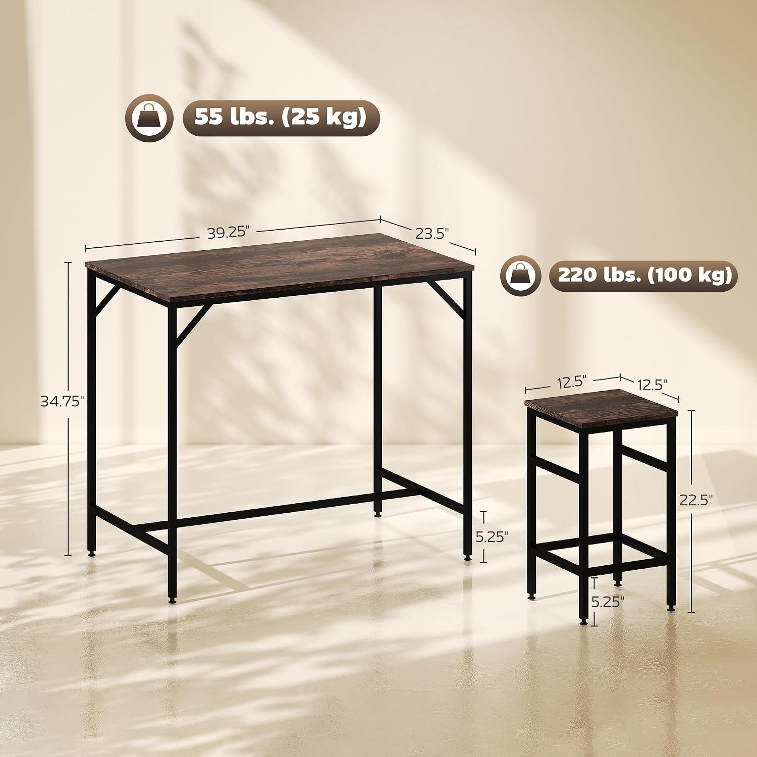 5-Piece Industrial Dining Table Set, Bar Table & 4 Stools Set, Space Saving for