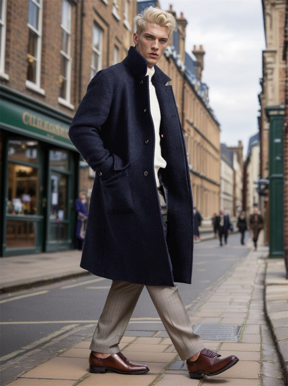 Men's Trench Coat French Business Overcoat Winter Warm Woolen Coat