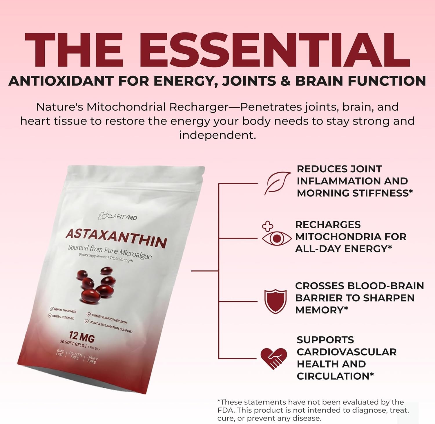 ClarityMD Astaxanthin 12mg Antioxidants Supplement – Natural Microalgae Source –