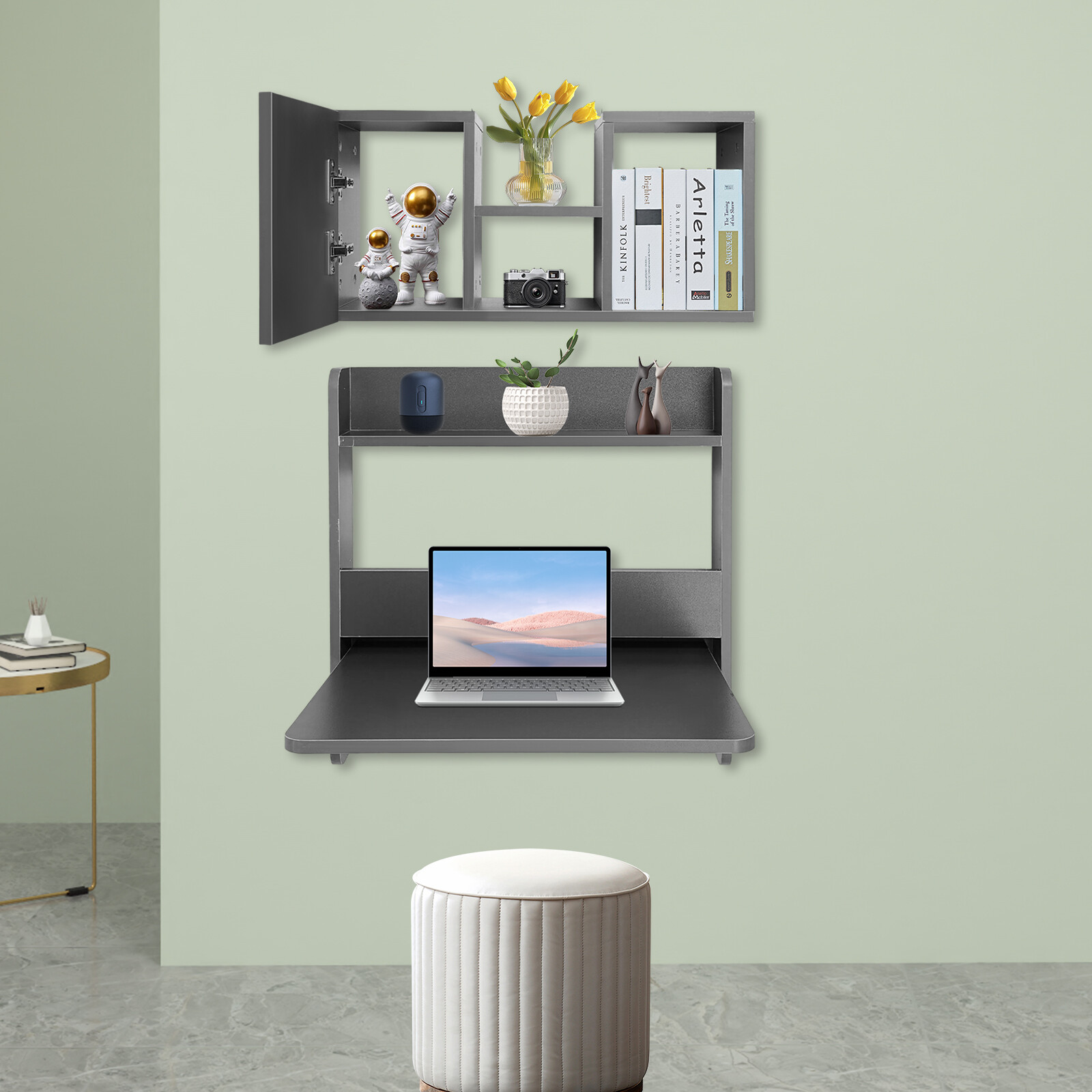 Folding Space Saving Wall Mounted Bookshelf, Fold Down Laptop Desk Workstation