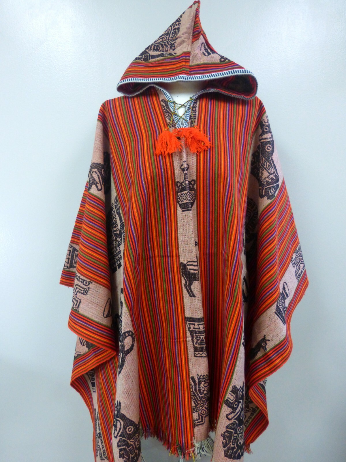 Andean Shamans Hooded Orange Tones with Colored Designs Poncho