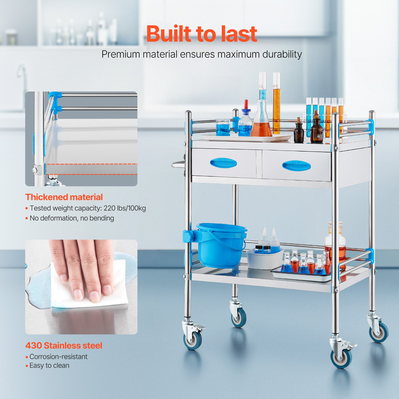 VEVOR Stainless Steel Medical Service Cart with Two Drawers & Bucket