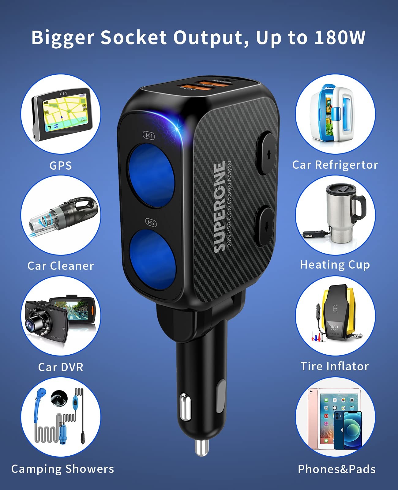 SUPERONE 180W Cigarette Lighter Splitter with 20W PD, 2-Socket black