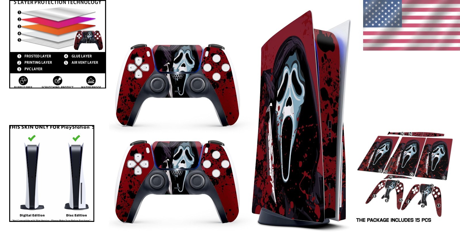 Horror-Themed PS5 Skin Cover with 2 Controller Skins – Waterproof & Removable