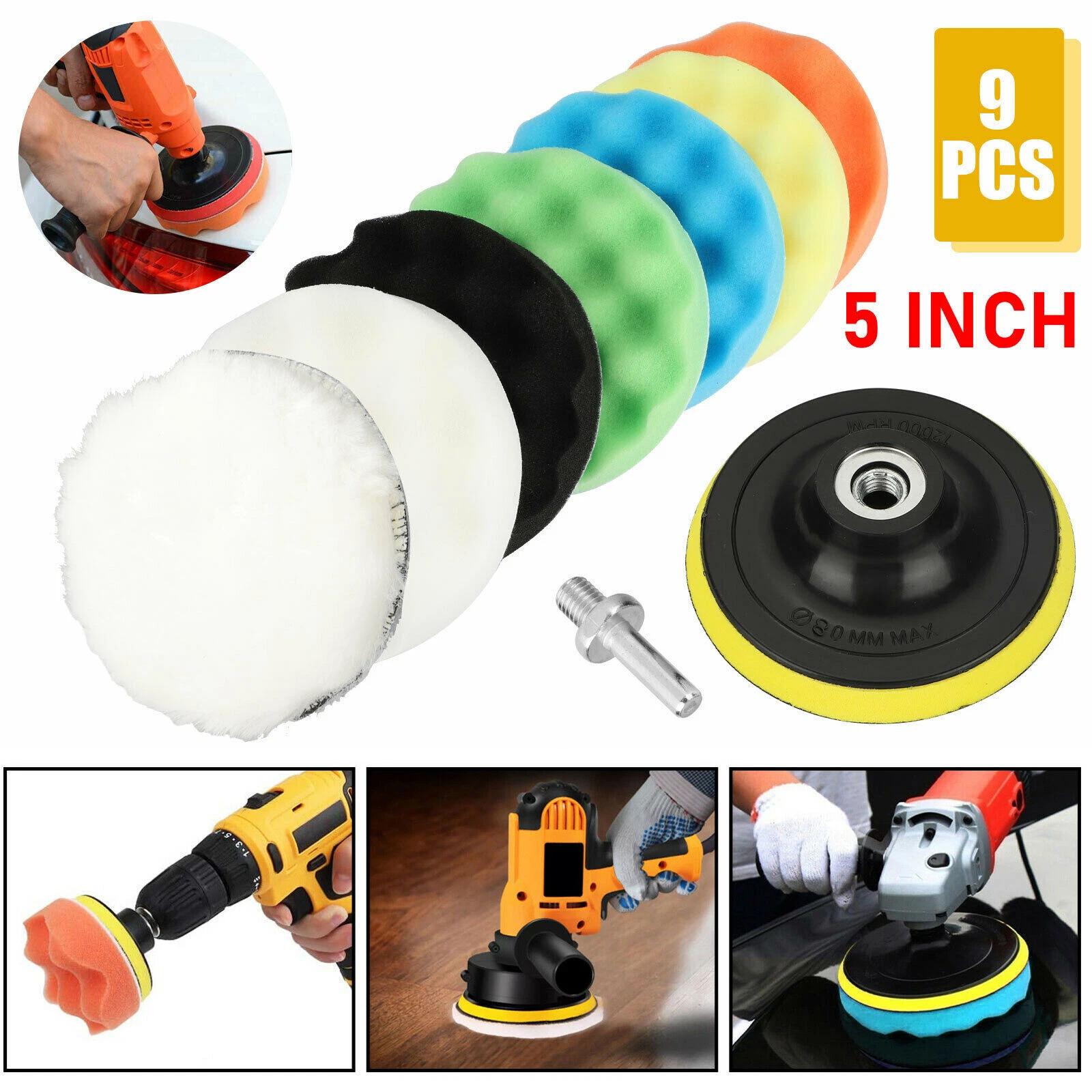 9Pcs 5 Inch Car Buffing Polishing Pads Waxing Sponge Foam Kit for Polisher Drill