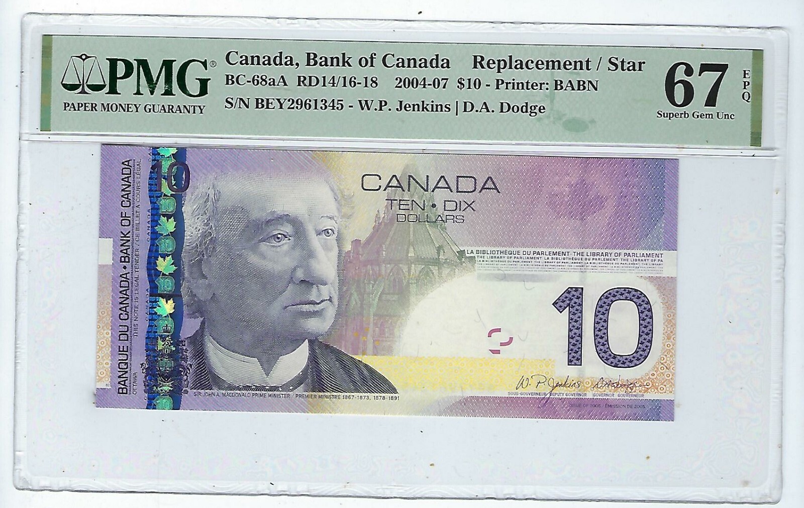 Canada 2001 $10 BC-68aA BEY  SNR Rep (Printed-2005) Jenkins-Dodge PMG GEM 67
