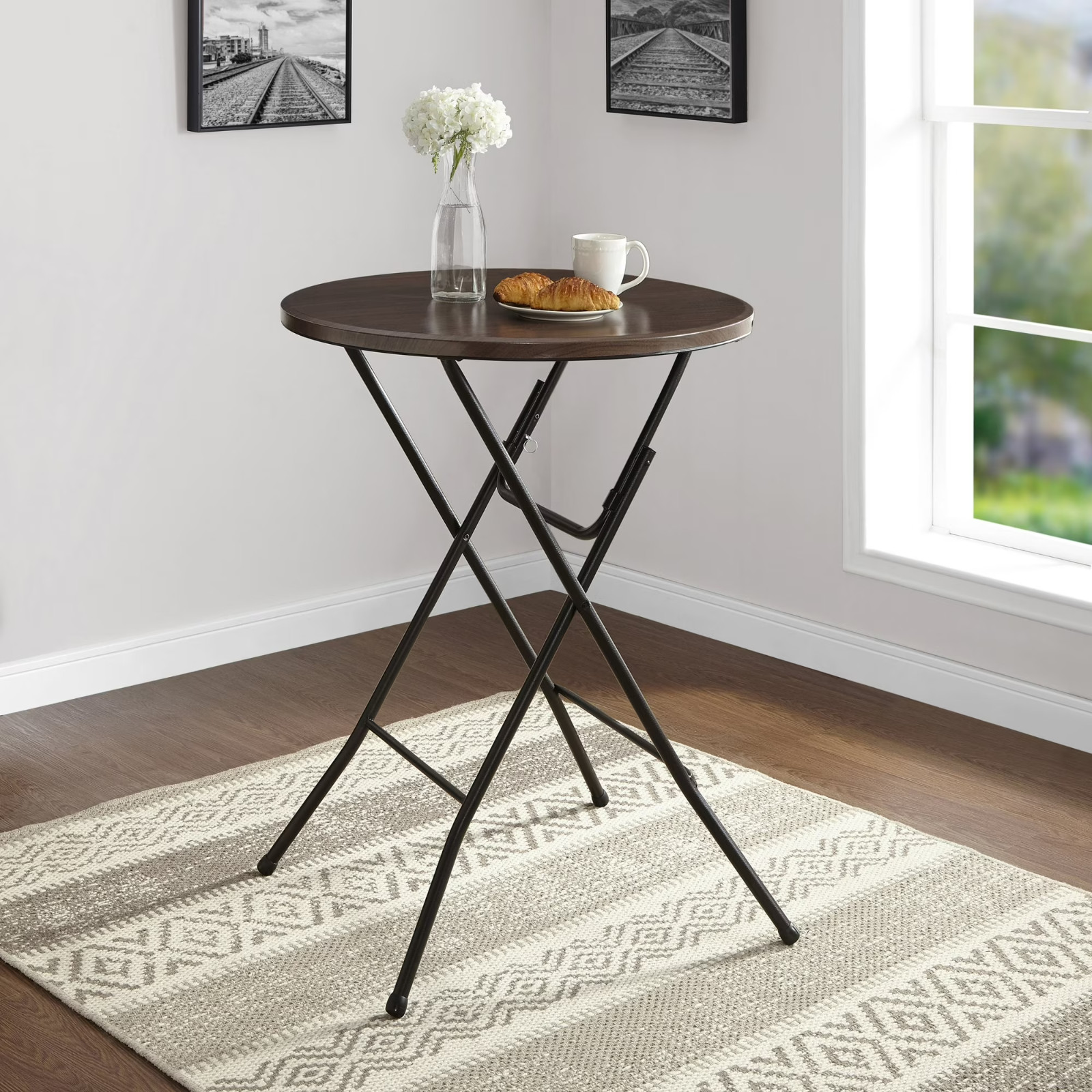 2 Pack Mainstays 31" Round High-Top Folding Table, Versatile and Durable, Walnut