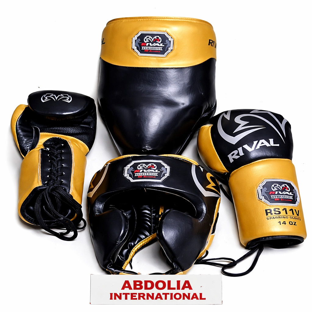 Boxing Kit Set Gloves Headgear Groin Guard Training MMA Sparring Gear Black Gold