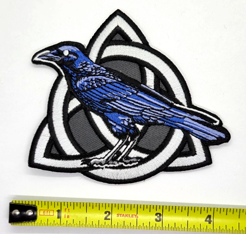 Raven On Celtic Knot Iron-On Embroidered Patch 4"X 3 1/2"