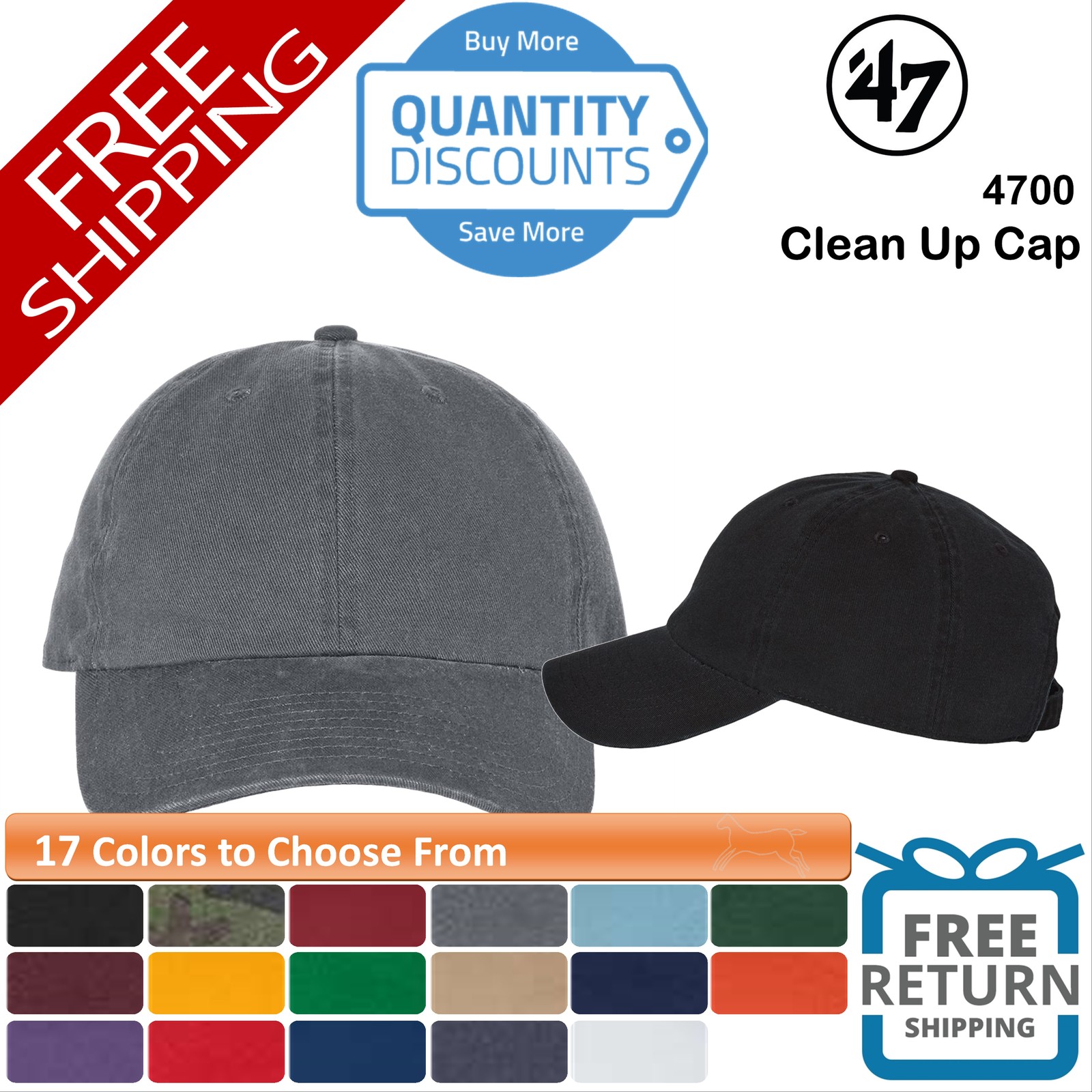 47 Brand Clean Up Cap Hat six-panel low-profile garment-washed twill Blank 4700