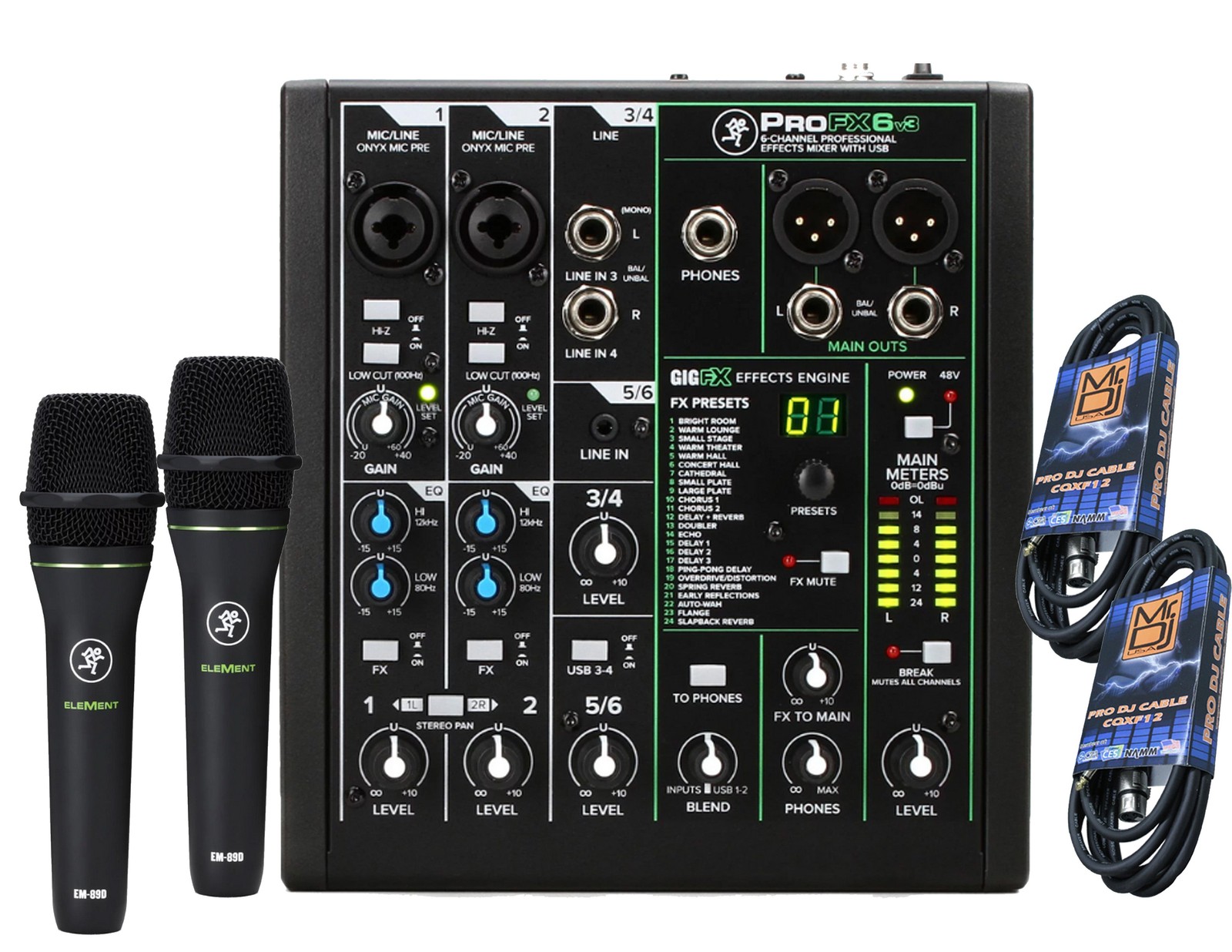 Mackie ProFX6v3 6-Channel Mixer with Built-in Effects and USB + 2 Mackie EM-89D
