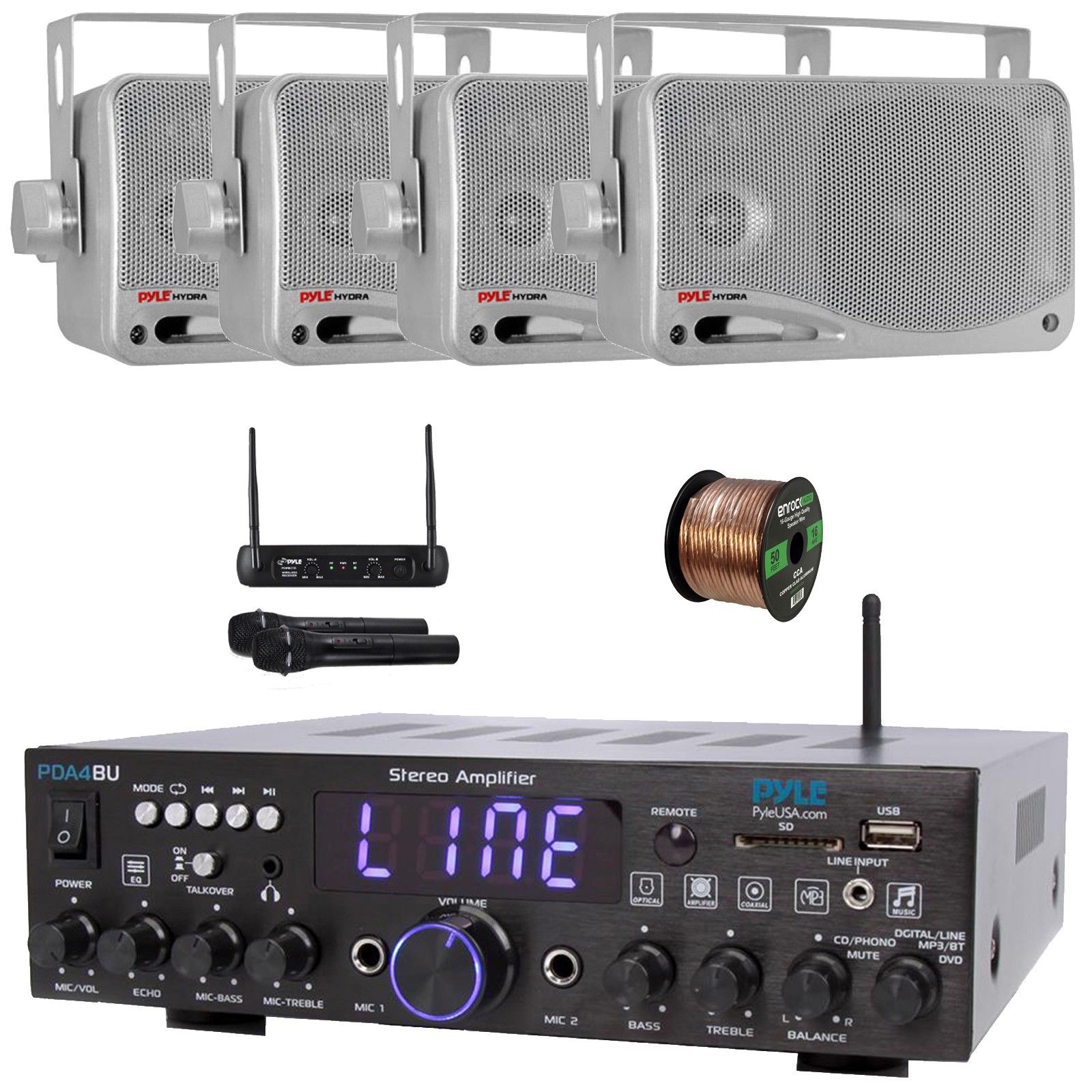 Pyle Bluetooth Stereo Receiver, 4x 3.5'' 200W Speakers, Microphone, Speaker Wire
