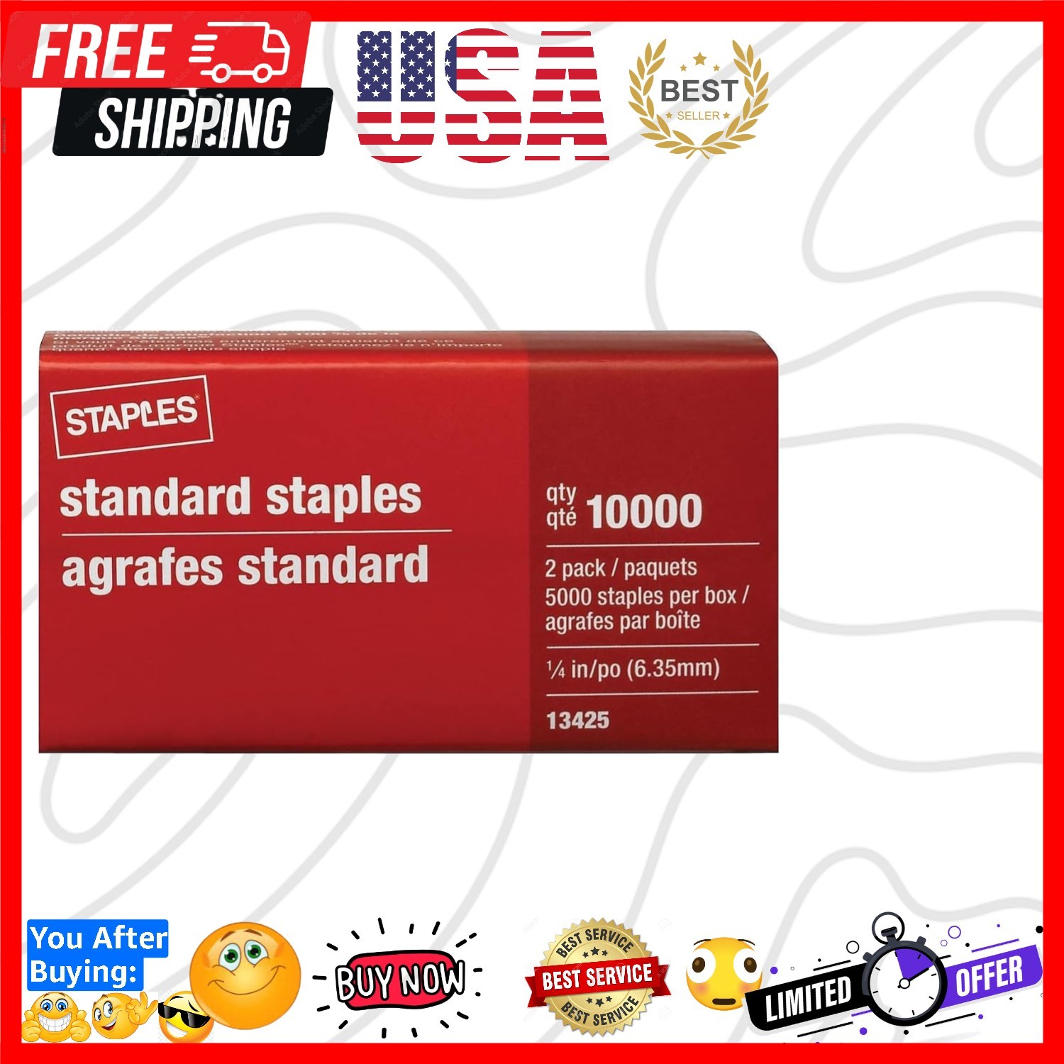 10,000 Count Standard Staples - 2 Boxes of 5,000 Staples for Efficient Binding