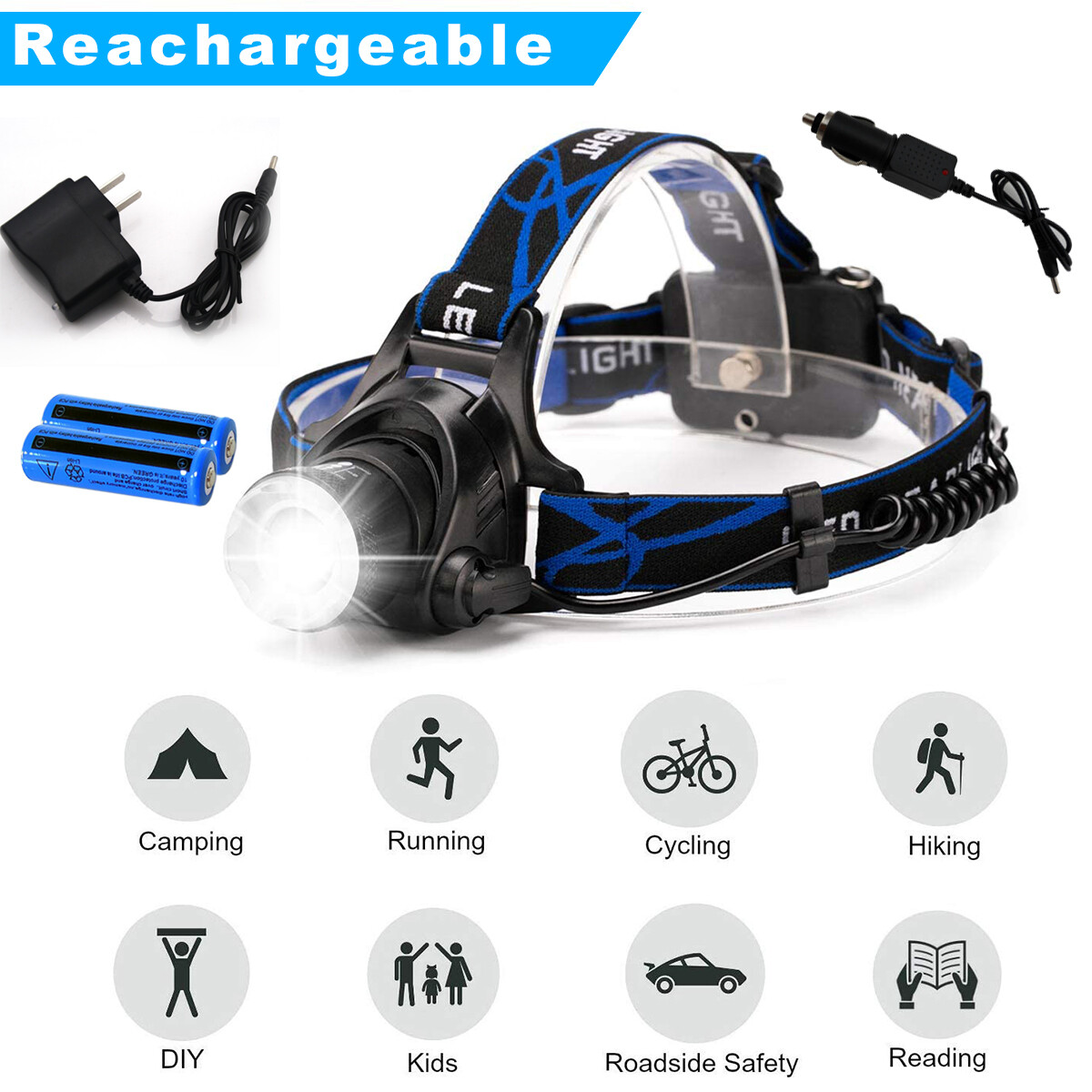 Zoomable Headlight Head Torch w/ Battery 3PCS Rechargeable Tactical LED Headlamp