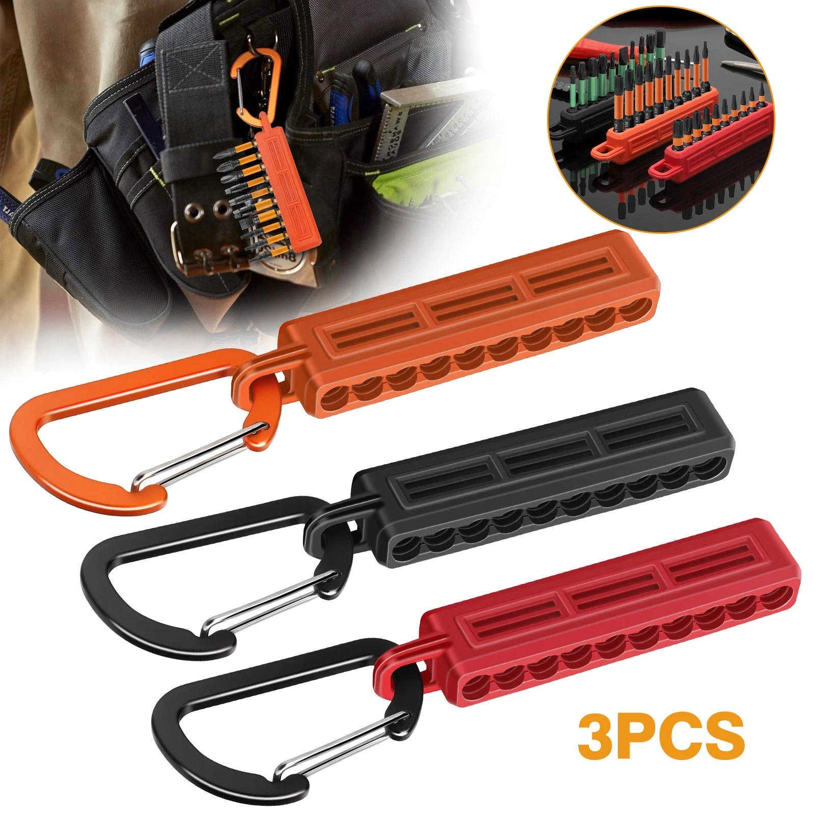 3x 1/4" Hex Bit Holder Storage Rail Color Coded Bit Organizer With Carabiner