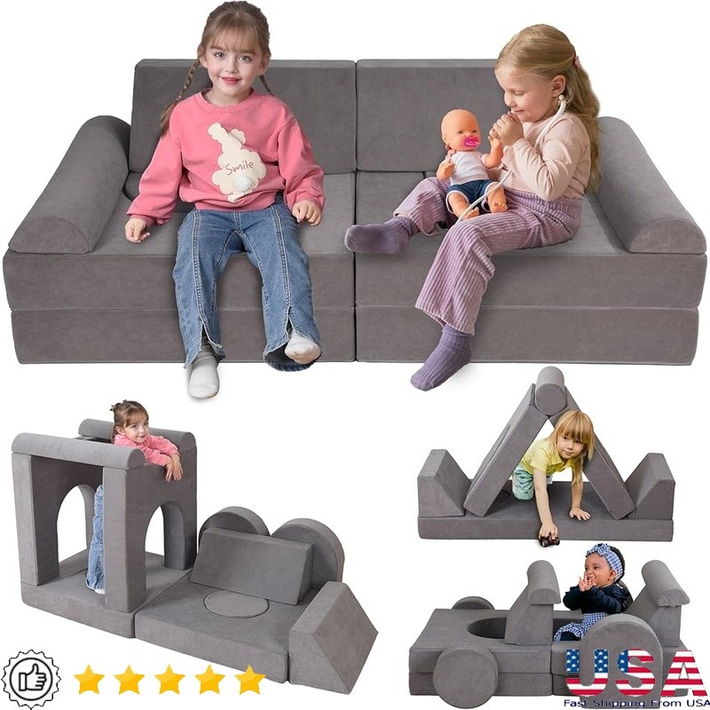 12-Piece Kids Modular Play Couch Soft Foam Safe Comfortable Easy Clean Portable