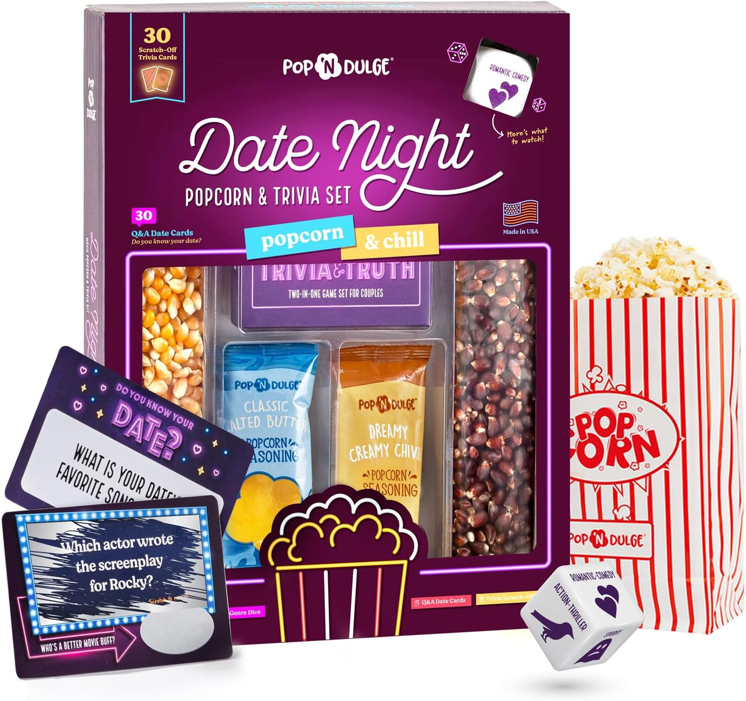 Date Night Gift Set Couples Movie Night Popcorn Games Trivia Cards Kit