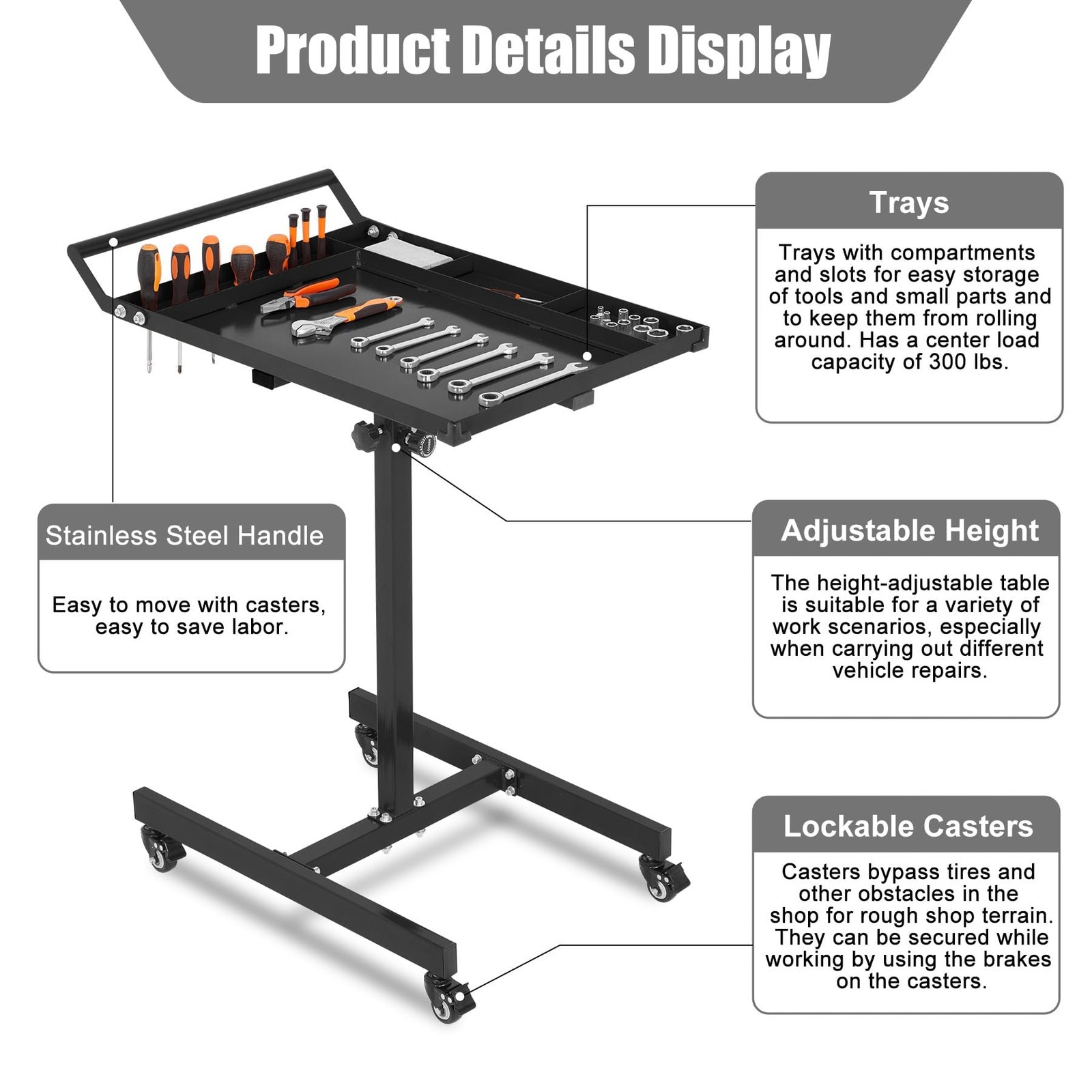 Rolling Tool Tray with Wheels Adjustable Height Mobile Work Table 300Lb Capacity