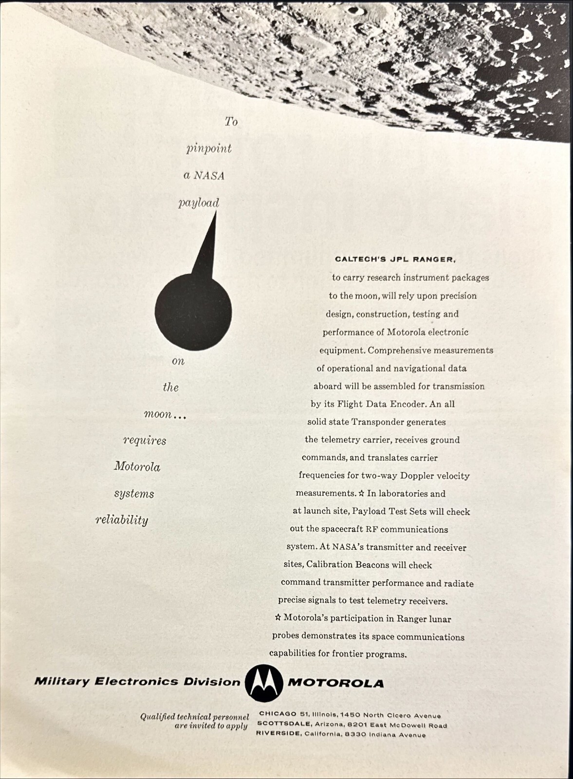 Motorola Military Electronics JPL Ranger Lunar Probe NASA Vtg Print Ad 1961