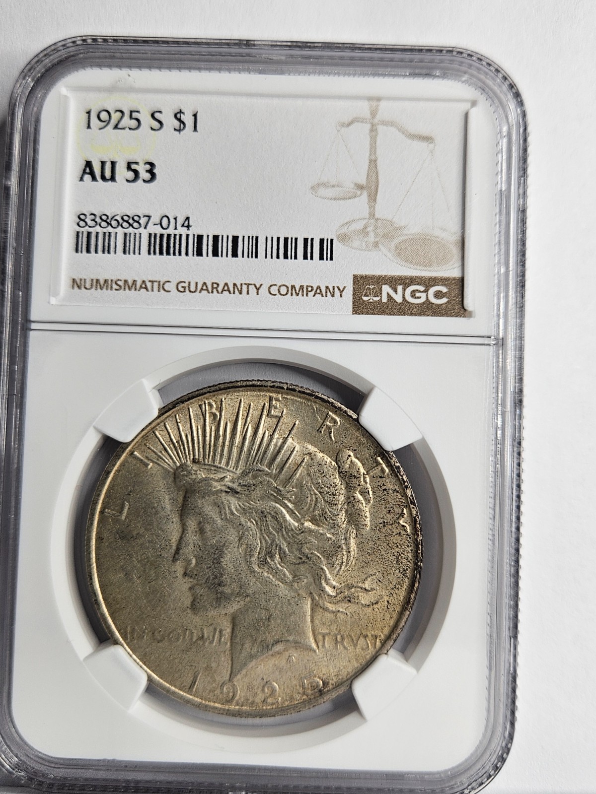 1925 S PEACE DOLLAR -  Graded AU 53 - Nice Toning - Key Date