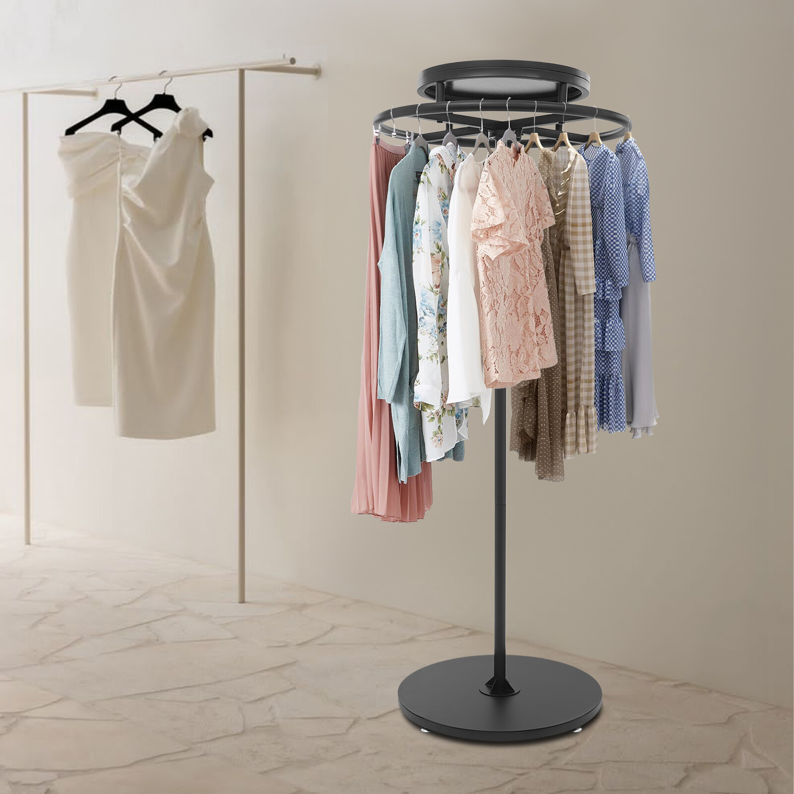 Round Clothing Rack Floor Standing Clothes Hanging Rack Garment Display black