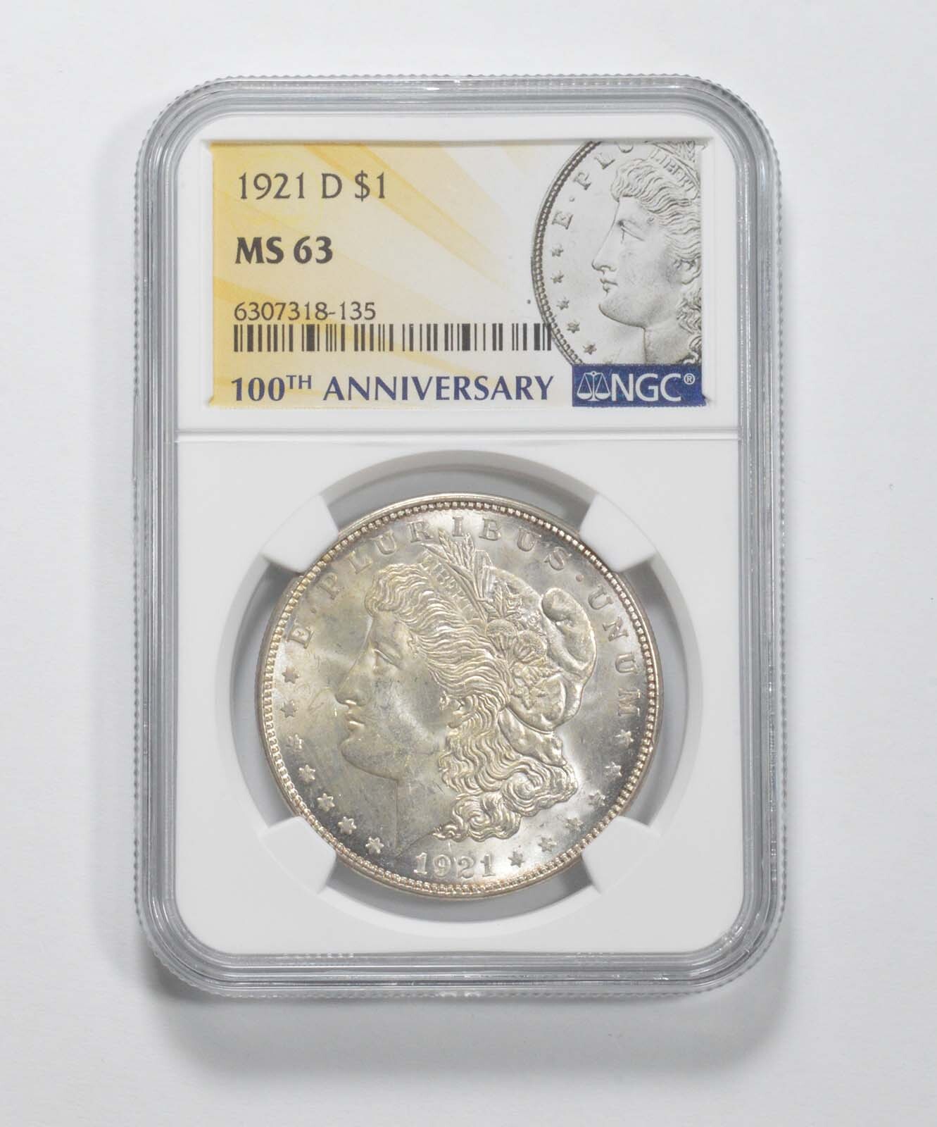1921-D Morgan Silver Dollar MS63 NGC 100th Anniv 2021 Special Label