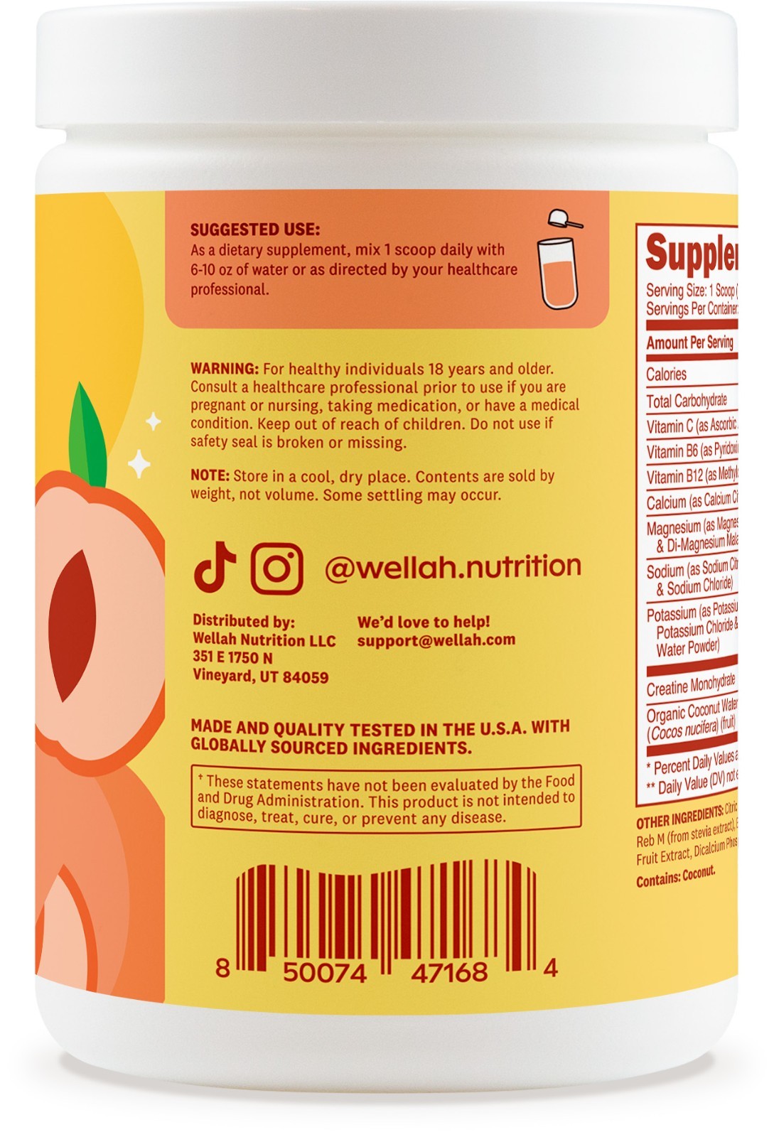Wellah Creatine + Electrolytes Powder (Peach Mango) 30 Servings