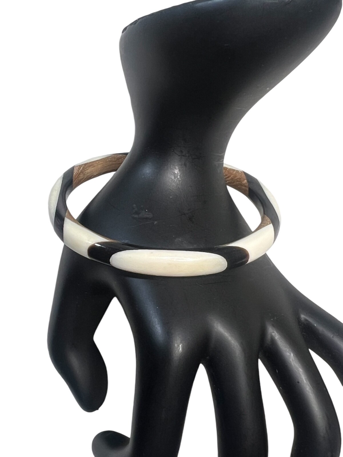 Carved Wood Inlay Bangle Vintage Black And Beige For 7.5" Wrist