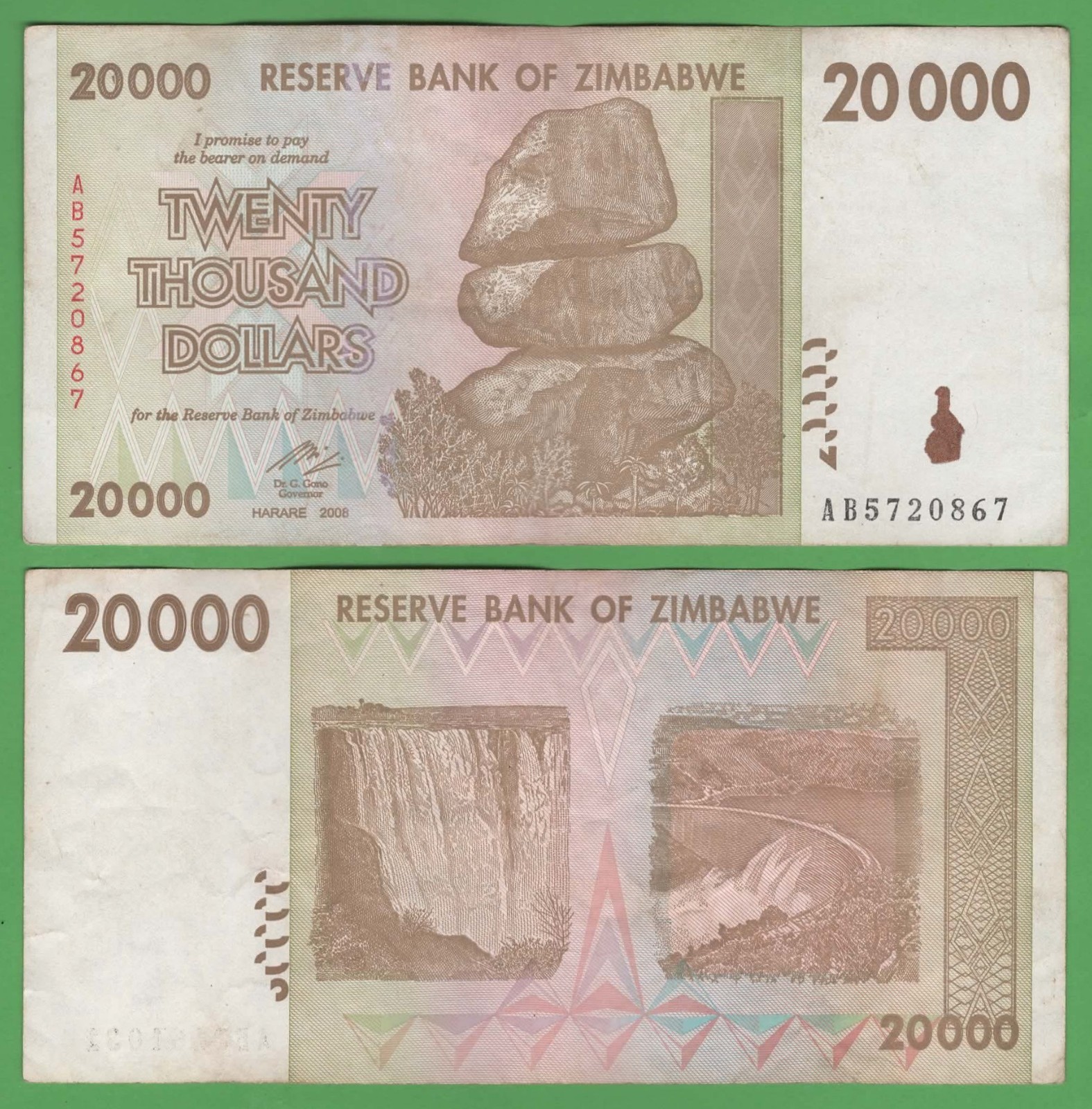 Zimbabwe 20,000 Dollars • Circulated • 2008 • P‑73 • Chiremba Rocks • Victoria