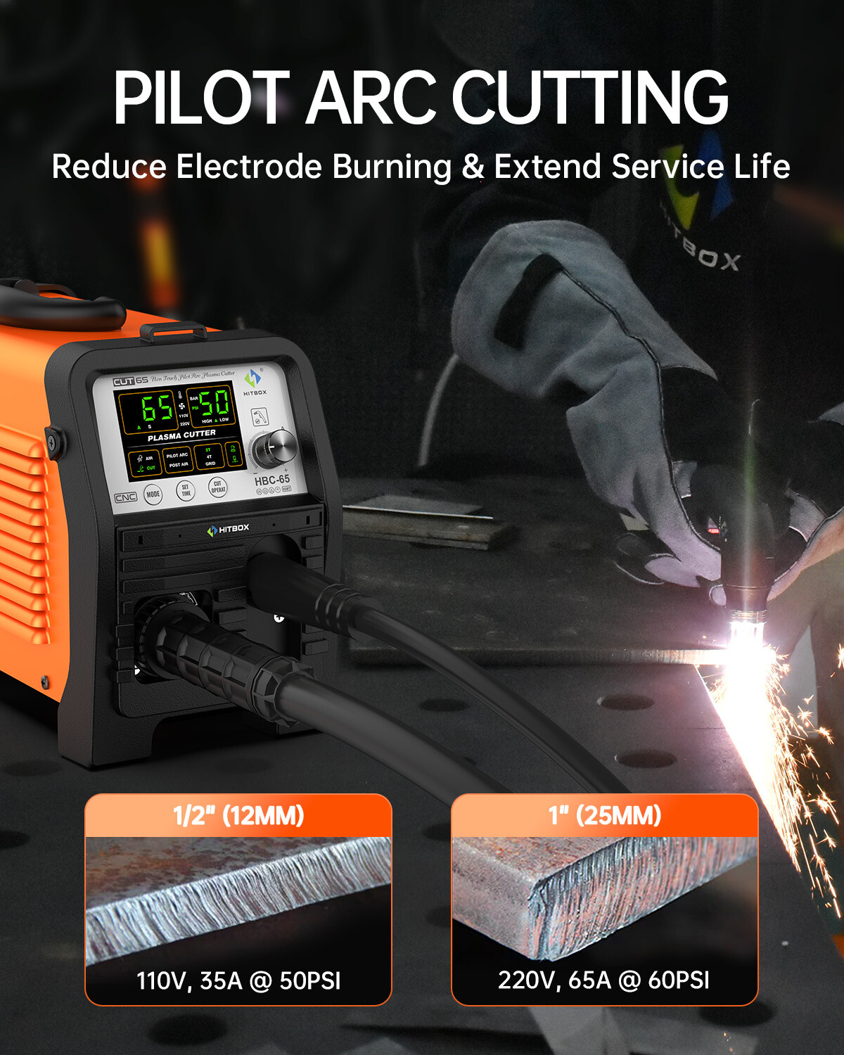 Hitbox 65A Non-Touch Pilot Arc Digital Plasma Cutter, 110/220V Cutting Machine