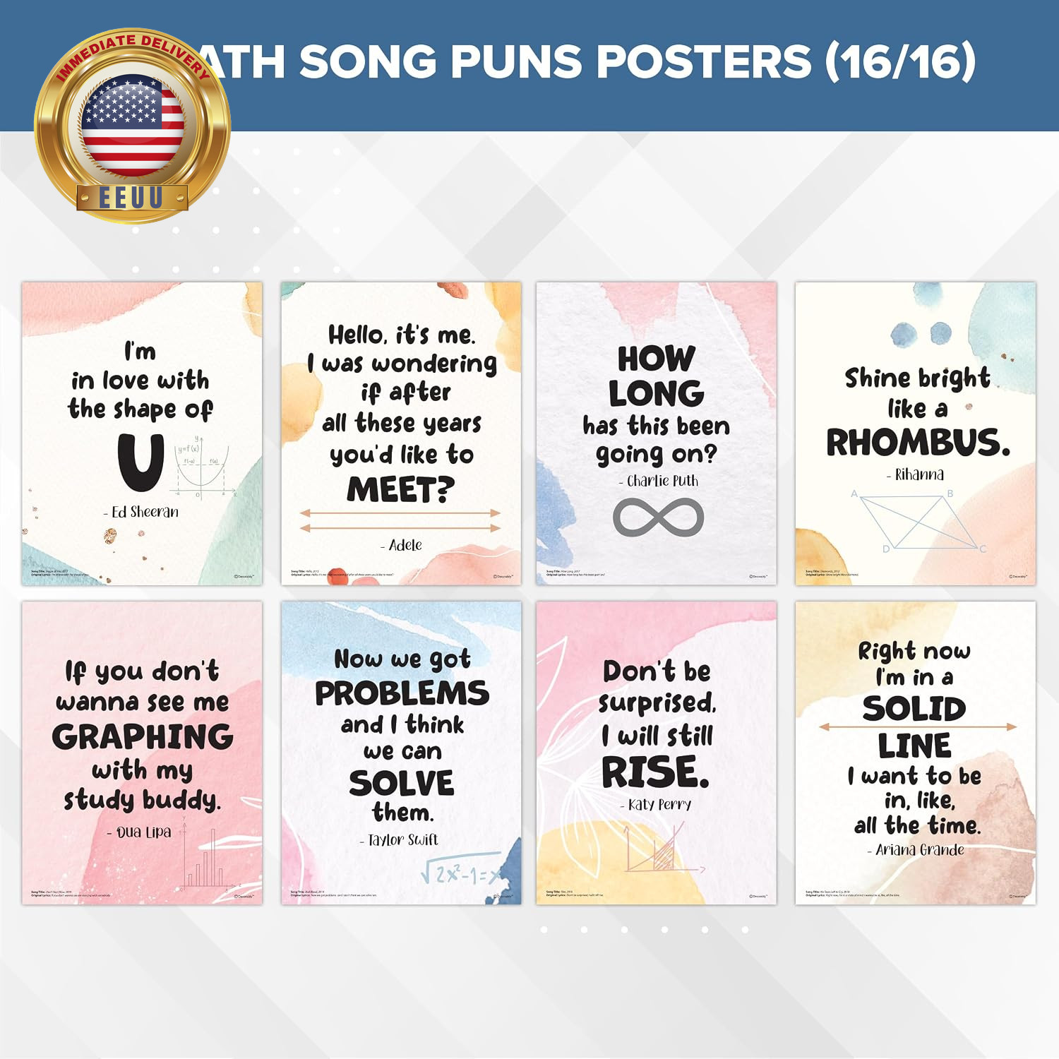 16 Math Posters for High School, 11X14In Educational, Matte-Laminated Classroom
