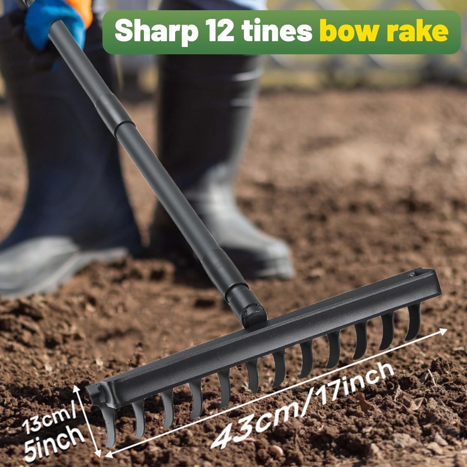 60" Bow Rake 12 Tines Metal Head Rakes with Adjustable Handle, Thatch Rake fo...